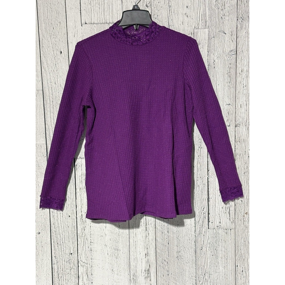 LOGO Lori Goldstein SMALL sparkling grape long sleeve blouse lace waffle knit